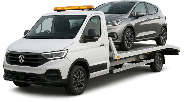 Car secured on a recovery truck on a street in Hackney for car recovery service